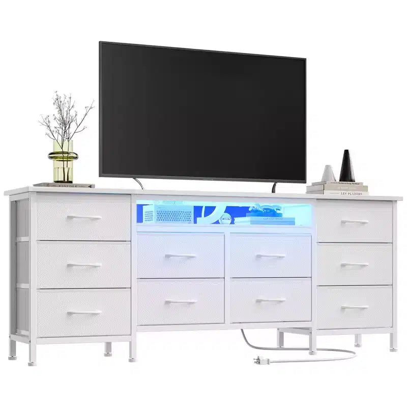 Meuble TV pour téléviseurs de 65, 70, 75 pouces, commode longue à 10 tiroirs avec prises de courant, meuble TV de 63 pouces avec tiroirs de rangement