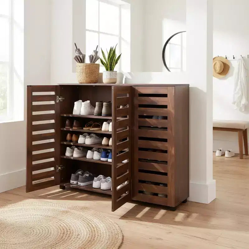 Homy Casa 5-Tier Shoe Storage Cabinet with Adjustable Shelves and Slatted Doors for Entryway, Walnut