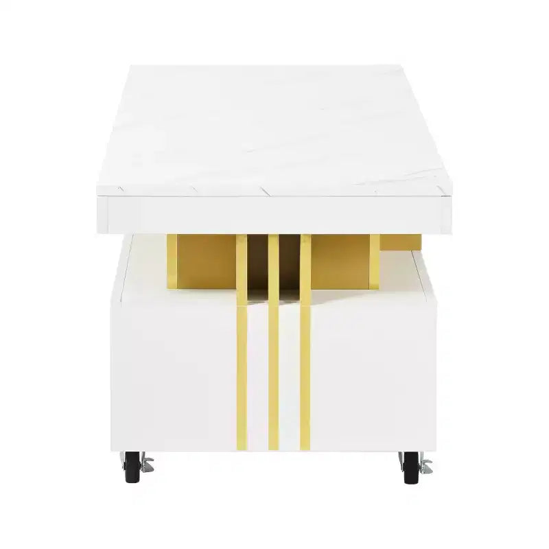 Table basse rectangulaire moderne en faux marbre avec tiroirs de rangement et roulettes, Table basse de salon - Panipeachy