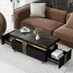 Table basse rectangulaire moderne en faux marbre avec tiroirs de rangement et roulettes, Table basse de salon - Panipeachy