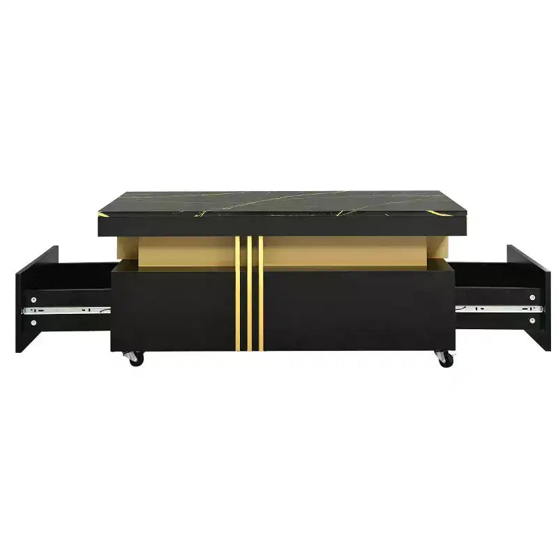Table basse rectangulaire moderne en faux marbre avec tiroirs de rangement et roulettes, Table basse de salon - Panipeachy
