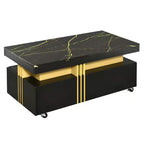 Table basse rectangulaire moderne en faux marbre avec tiroirs de rangement et roulettes, Table basse de salon - Panipeachy