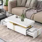 Table basse rectangulaire moderne en faux marbre avec tiroirs de rangement et roulettes, Table basse de salon - Panipeachy