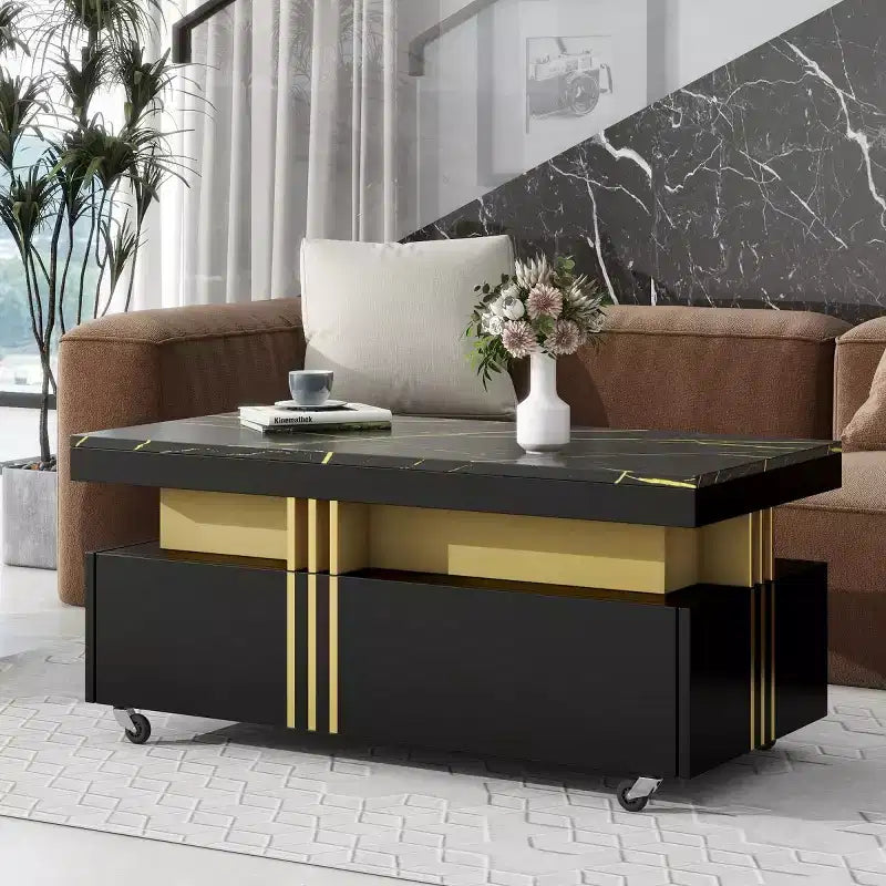 Modern Faux Marble Rectangle Coffee Table with Storage Drawers and Caster Wheels, Cocktail Center Table for Living Room - Panipeachy