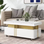 Table basse rectangulaire moderne en faux marbre avec tiroirs de rangement et roulettes, Table basse de salon - Panipeachy