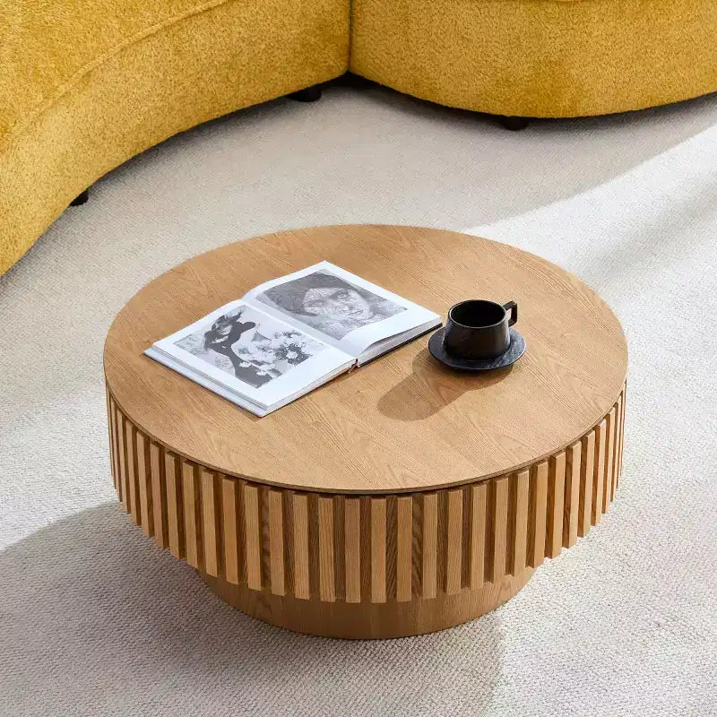 31.49 Table Basse Ronde Cannelée avec Rangement Caché, Table Basse Piédestal Moderne pour Salon, Appartement - Panipeachy