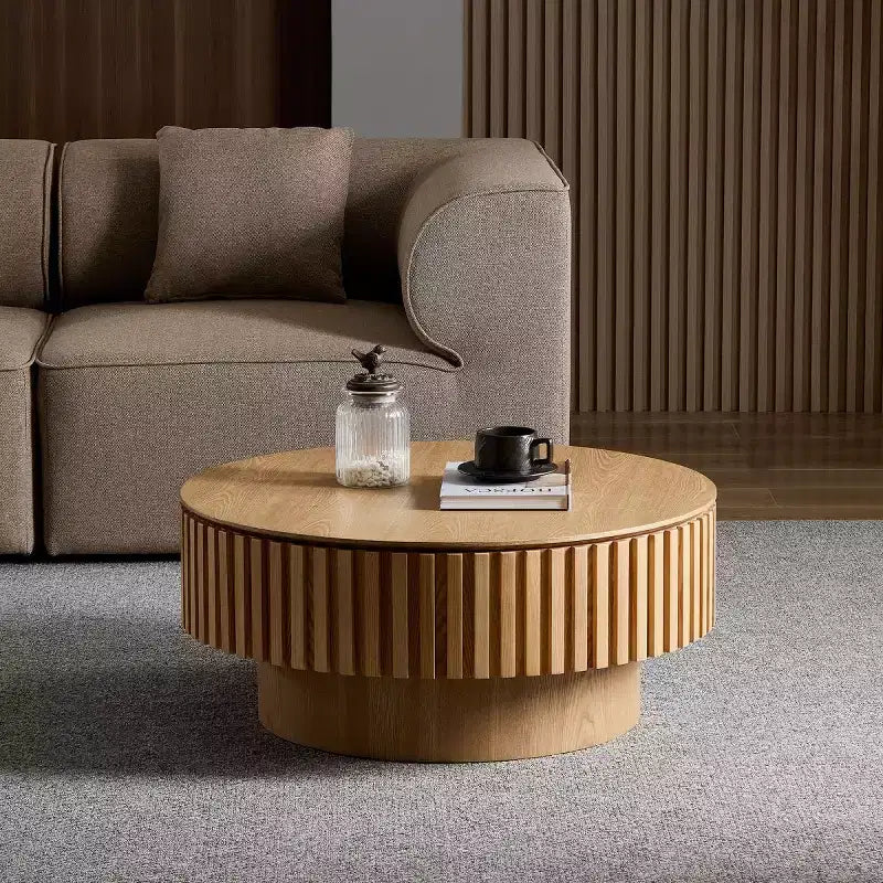 31.49 Round Fluted Coffee Table with Hidden Storage, Modern Pedestal Cocktail Table for Living Room, Apartment - Panipeachy