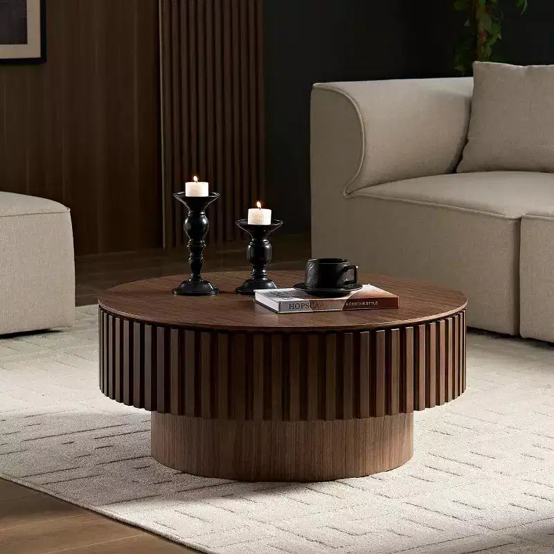 31.49 Table Basse Ronde Cannelée avec Rangement Caché, Table Basse Piédestal Moderne pour Salon, Appartement - Panipeachy