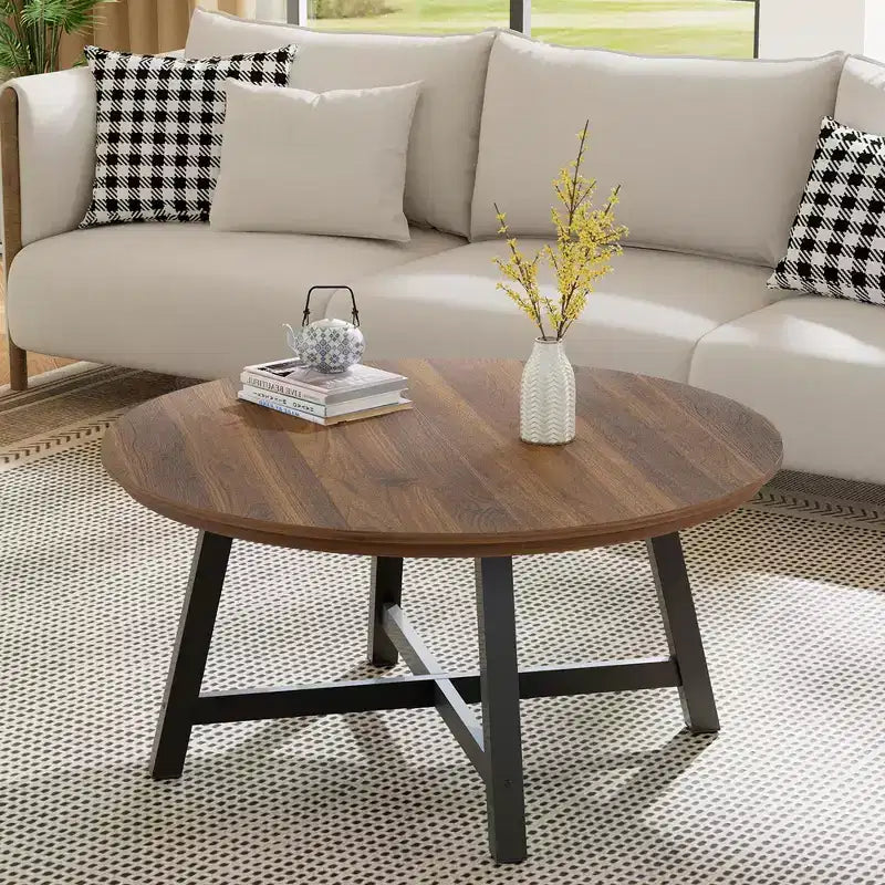 Table basse ronde de 36 po, grandes tables d'appoint avec pieds réglables, tables de salon avec pieds épaissis et grain de bois design, facile à assembler