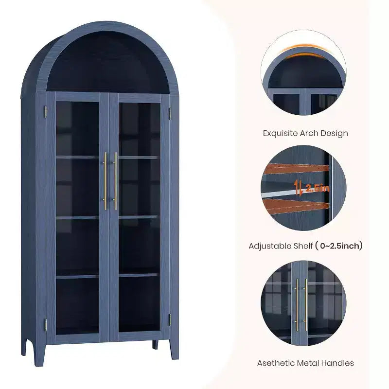 Meuble de Rangement pour Cellier à 5 Niveaux, Armoire de Ferme avec Étagères Réglables et 2 Portes Vitrées, Vaisselier pour Cuisine, Salle à Manger, Salon