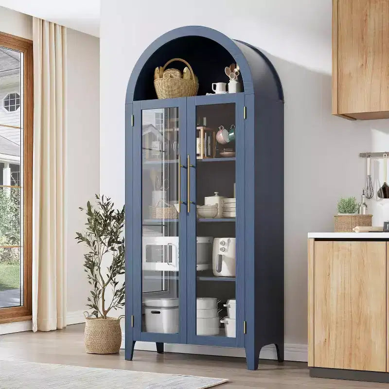 Meuble de Rangement pour Cellier à 5 Niveaux, Armoire de Ferme avec Étagères Réglables et 2 Portes Vitrées, Vaisselier pour Cuisine, Salle à Manger, Salon