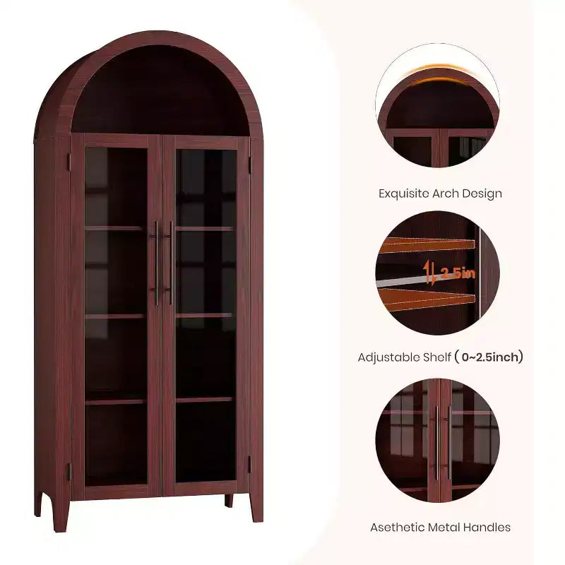 Meuble de Rangement pour Cellier à 5 Niveaux, Armoire de Ferme avec Étagères Réglables et 2 Portes Vitrées, Vaisselier pour Cuisine, Salle à Manger, Salon