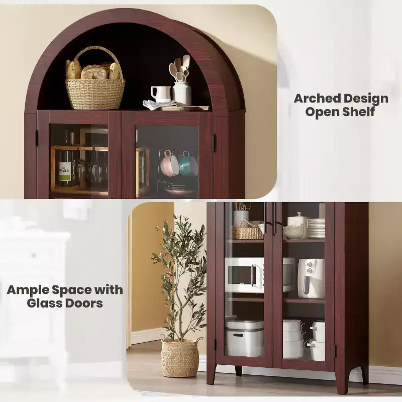 Meuble de Rangement pour Cellier à 5 Niveaux, Armoire de Ferme avec Étagères Réglables et 2 Portes Vitrées, Vaisselier pour Cuisine, Salle à Manger, Salon