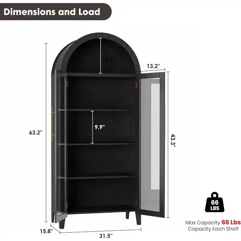 Meuble de Rangement pour Cellier à 5 Niveaux, Armoire de Ferme avec Étagères Réglables et 2 Portes Vitrées, Vaisselier pour Cuisine, Salle à Manger, Salon