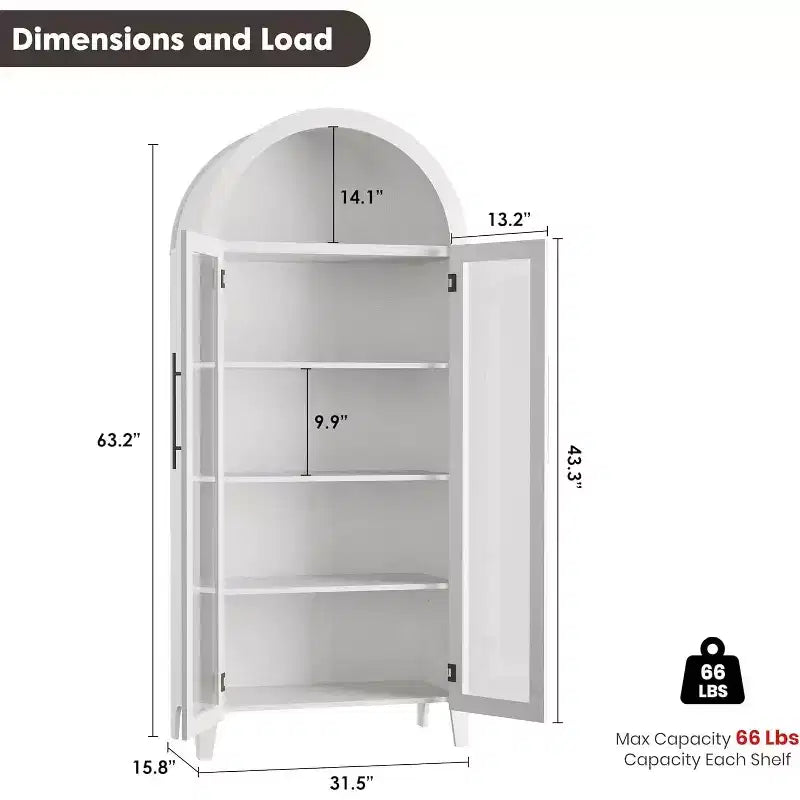Meuble de Rangement pour Cellier à 5 Niveaux, Armoire de Ferme avec Étagères Réglables et 2 Portes Vitrées, Vaisselier pour Cuisine, Salle à Manger, Salon