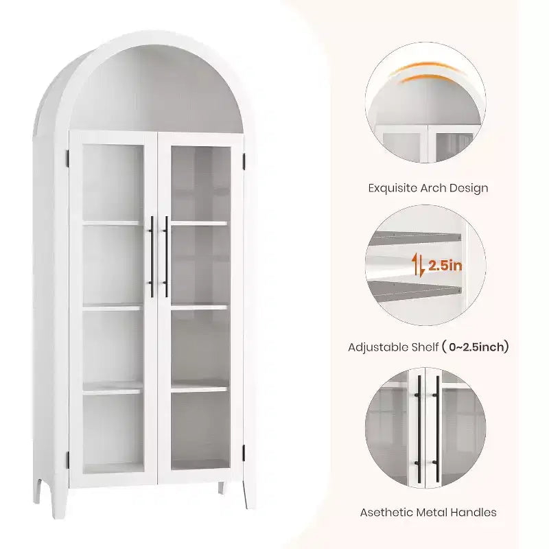 Meuble de Rangement pour Cellier à 5 Niveaux, Armoire de Ferme avec Étagères Réglables et 2 Portes Vitrées, Vaisselier pour Cuisine, Salle à Manger, Salon