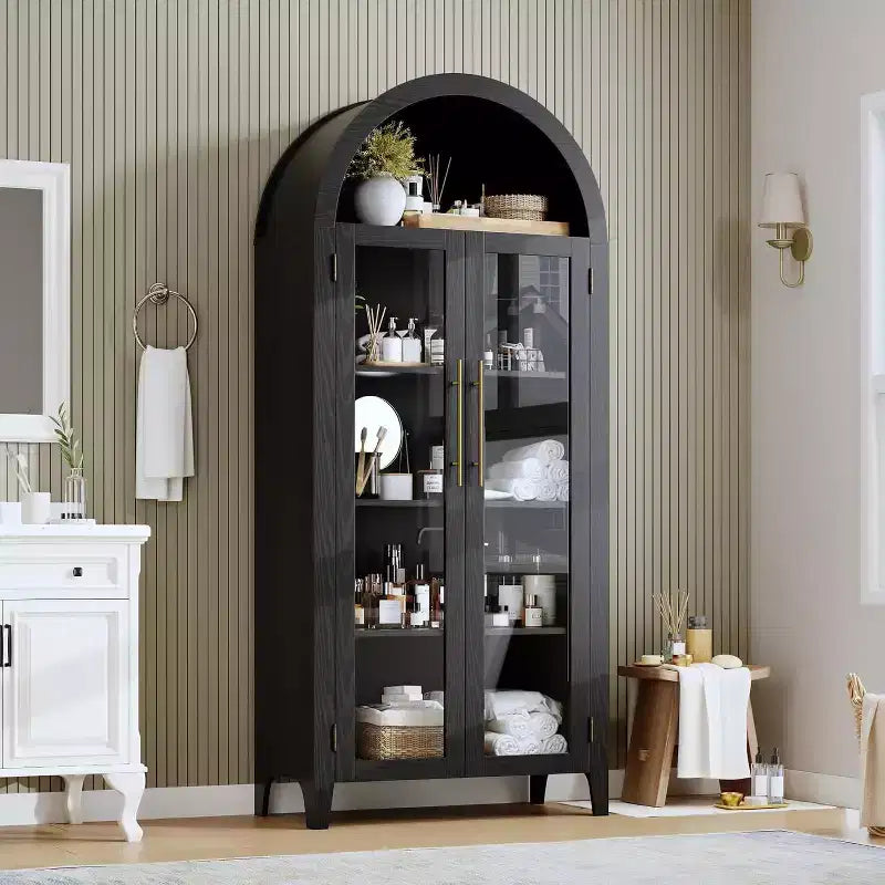 Meuble de Rangement pour Cellier à 5 Niveaux, Armoire de Ferme avec Étagères Réglables et 2 Portes Vitrées, Vaisselier pour Cuisine, Salle à Manger, Salon