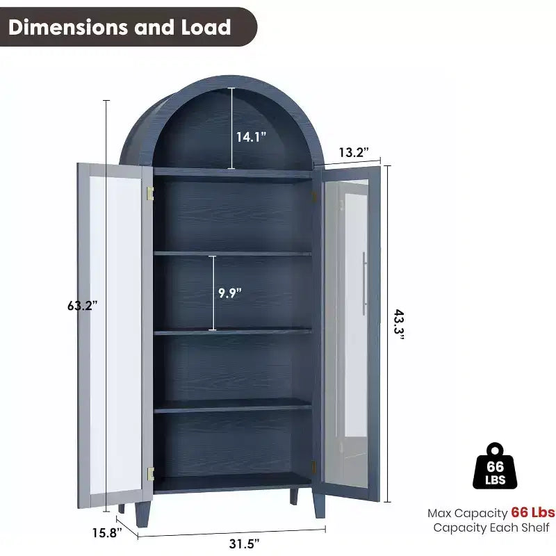 Meuble de Rangement pour Cellier à 5 Niveaux, Armoire de Ferme avec Étagères Réglables et 2 Portes Vitrées, Vaisselier pour Cuisine, Salle à Manger, Salon