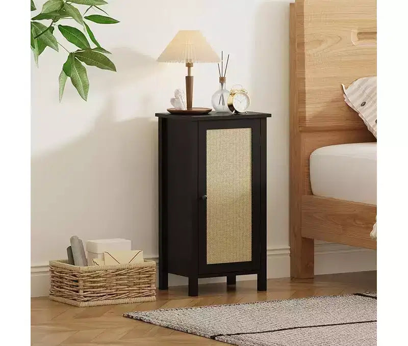 Table de chevet bohème, table de chevet en rotin de 40 cm avec tiroir, table de chevet pour chambre à coucher | Pieds robustes et plateau en bois | Petit meuble d'appoint pour salon