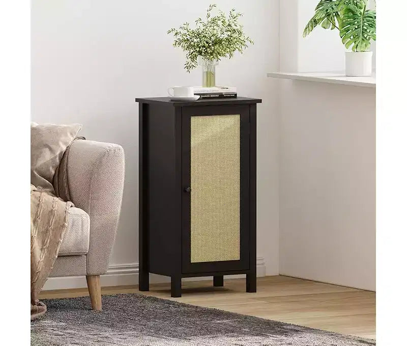 Boho Nightstand,16 Inch Rattan Nightstand with Drawer,Bedside Table for Bedroom | Sturdy Legs & Wood Top | Small Accent Cabinet for Living Room