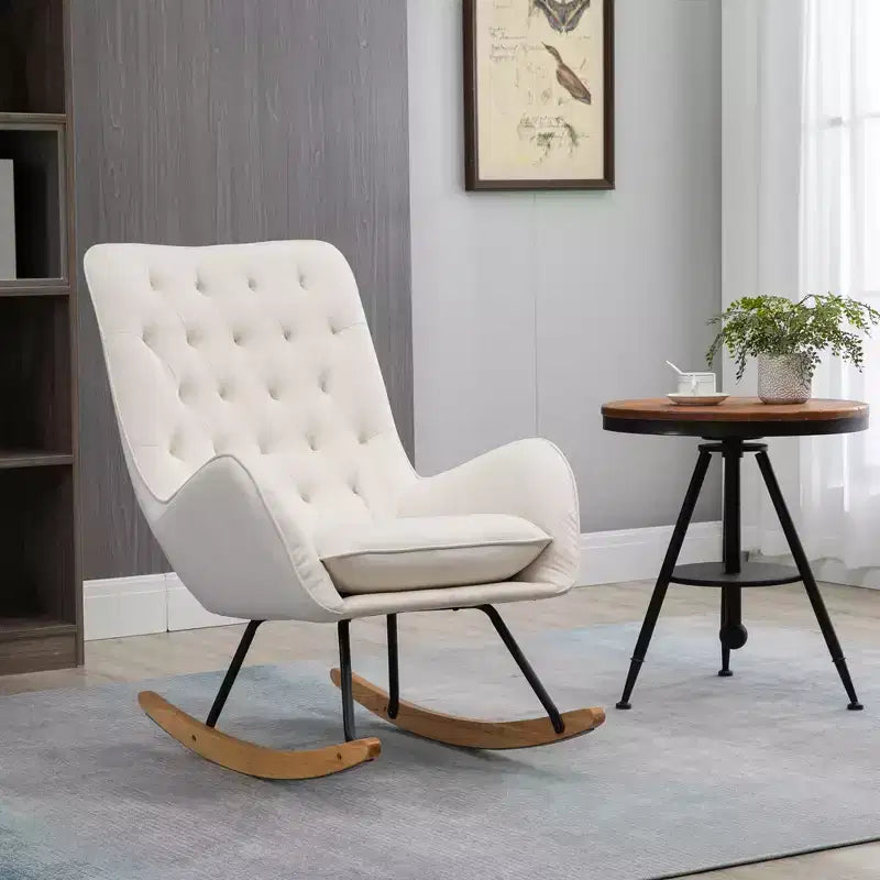 Fauteuil à bascule en tissu de style Mid-Century, capitonné, avec assise rembourrée et base en bois d'hévéa, pour le studio, la chambre ou la maison
