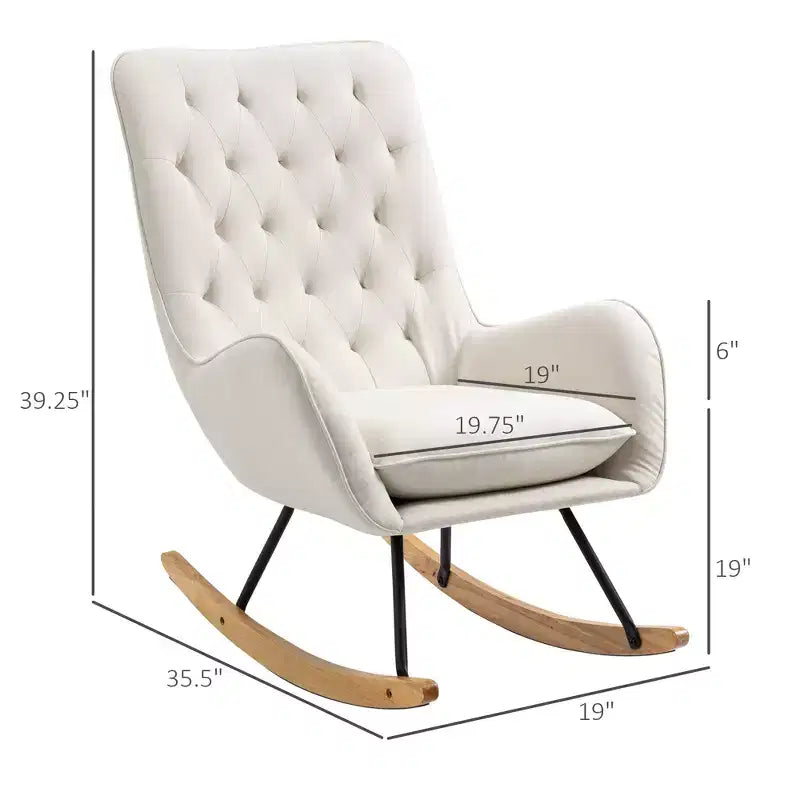 Fauteuil à bascule en tissu de style Mid-Century, capitonné, avec assise rembourrée et base en bois d'hévéa, pour le studio, la chambre ou la maison