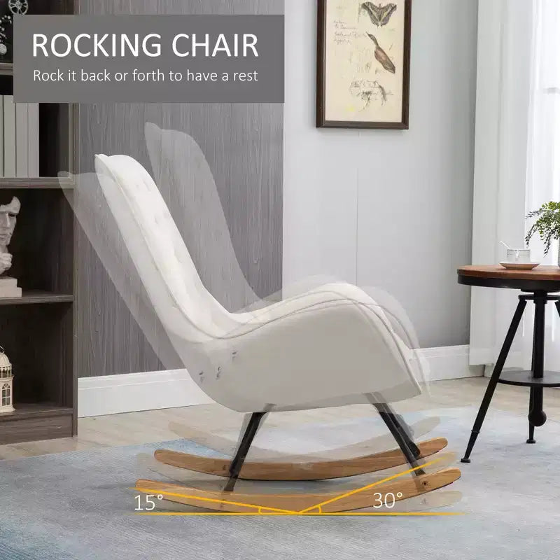 Fauteuil à bascule en tissu de style Mid-Century, capitonné, avec assise rembourrée et base en bois d'hévéa, pour le studio, la chambre ou la maison
