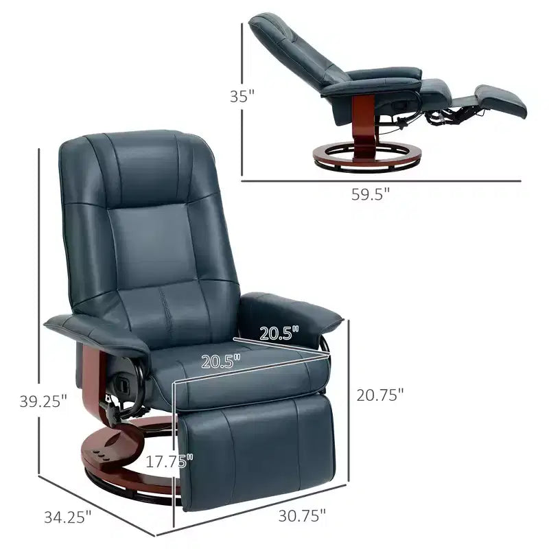 Fauteuil inclinable manuel en similicuir, fauteuil de salon pivotant et réglable avec repose-pieds, accoudoirs et base en bois enveloppée pour salon