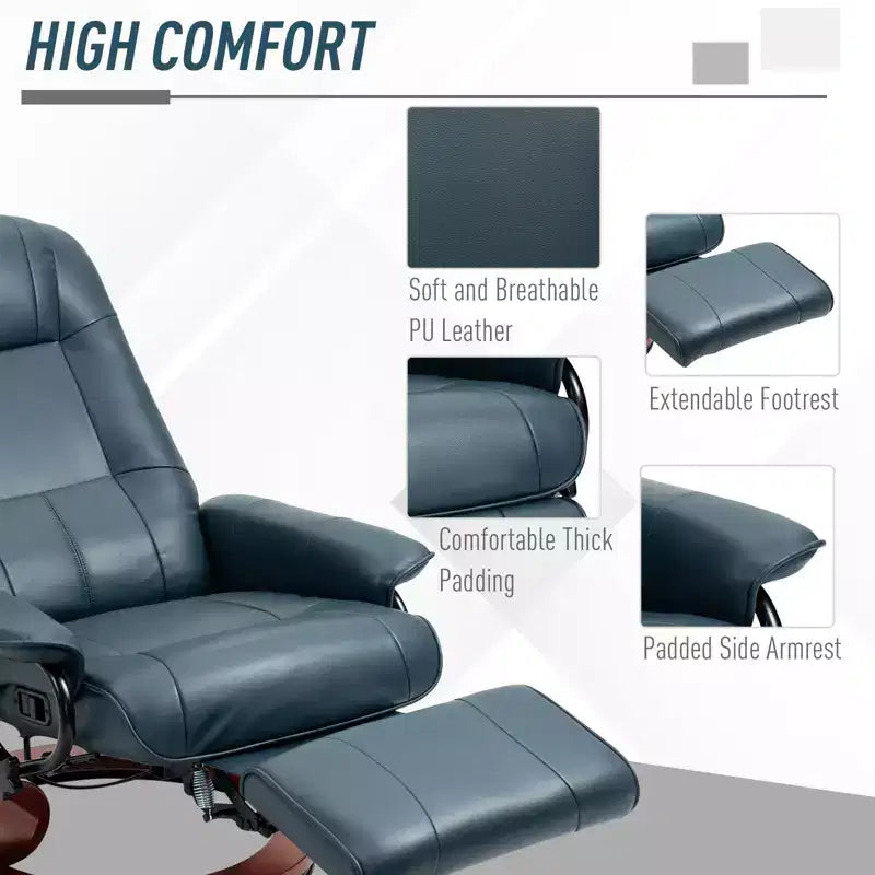 Fauteuil inclinable manuel en similicuir, fauteuil de salon pivotant et réglable avec repose-pieds, accoudoirs et base en bois enveloppée pour salon