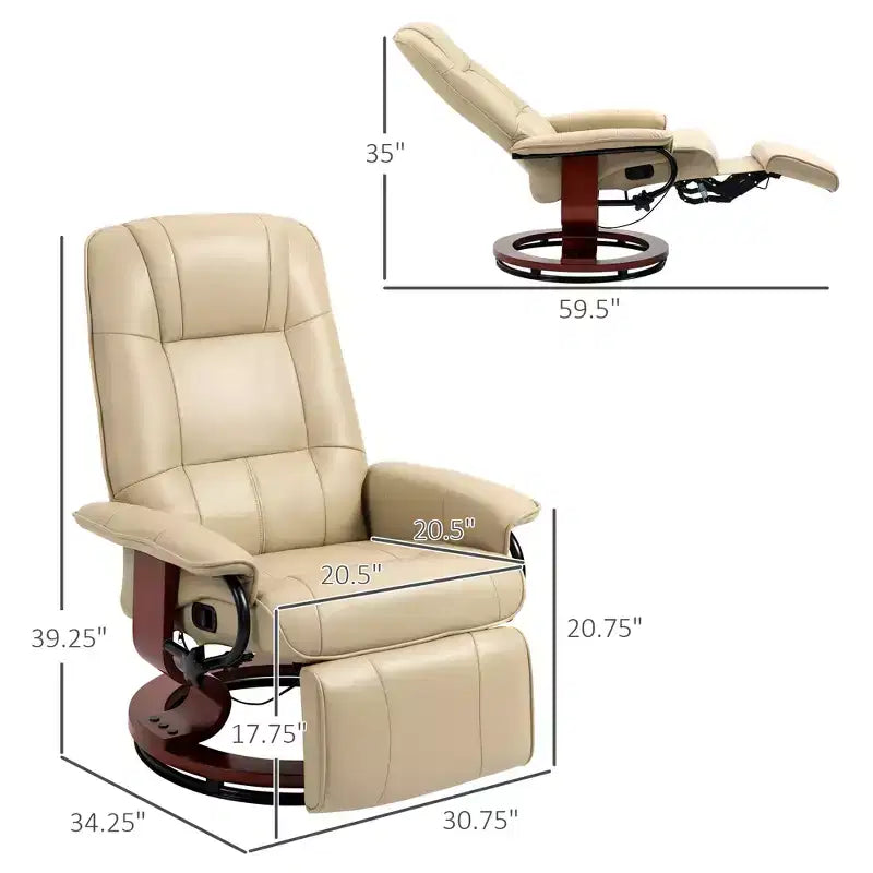 Fauteuil inclinable manuel en similicuir, fauteuil de salon pivotant et réglable avec repose-pieds, accoudoirs et base en bois enveloppée pour salon