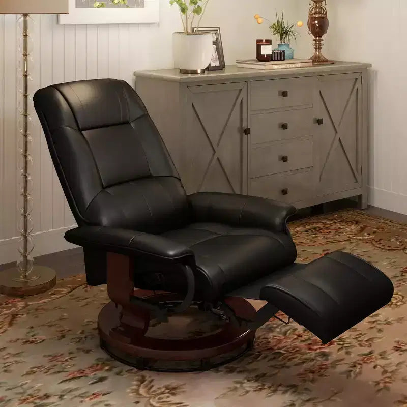 Fauteuil inclinable manuel en similicuir, fauteuil de salon pivotant et réglable avec repose-pieds, accoudoirs et base en bois enveloppée pour salon
