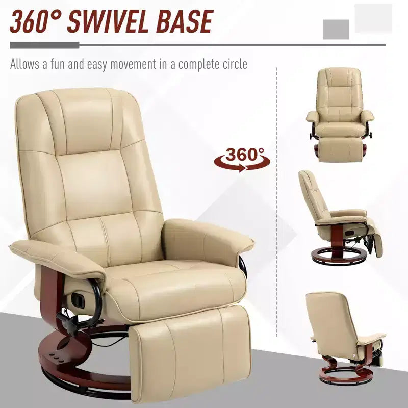 Fauteuil inclinable manuel en similicuir, fauteuil de salon pivotant et réglable avec repose-pieds, accoudoirs et base en bois enveloppée pour salon