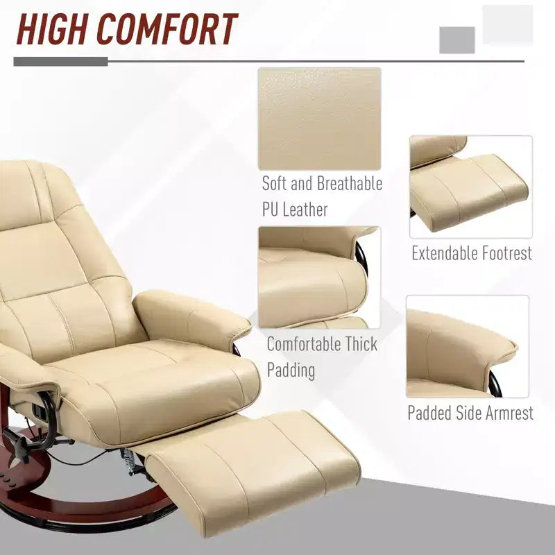 Fauteuil inclinable manuel en similicuir, fauteuil de salon pivotant et réglable avec repose-pieds, accoudoirs et base en bois enveloppée pour salon
