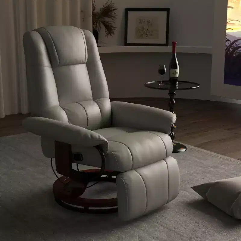 Fauteuil inclinable manuel en similicuir, fauteuil de salon pivotant et réglable avec repose-pieds, accoudoirs et base en bois enveloppée pour salon