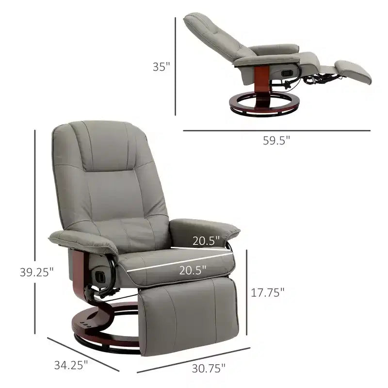 Fauteuil inclinable manuel en similicuir, fauteuil de salon pivotant et réglable avec repose-pieds, accoudoirs et base en bois enveloppée pour salon