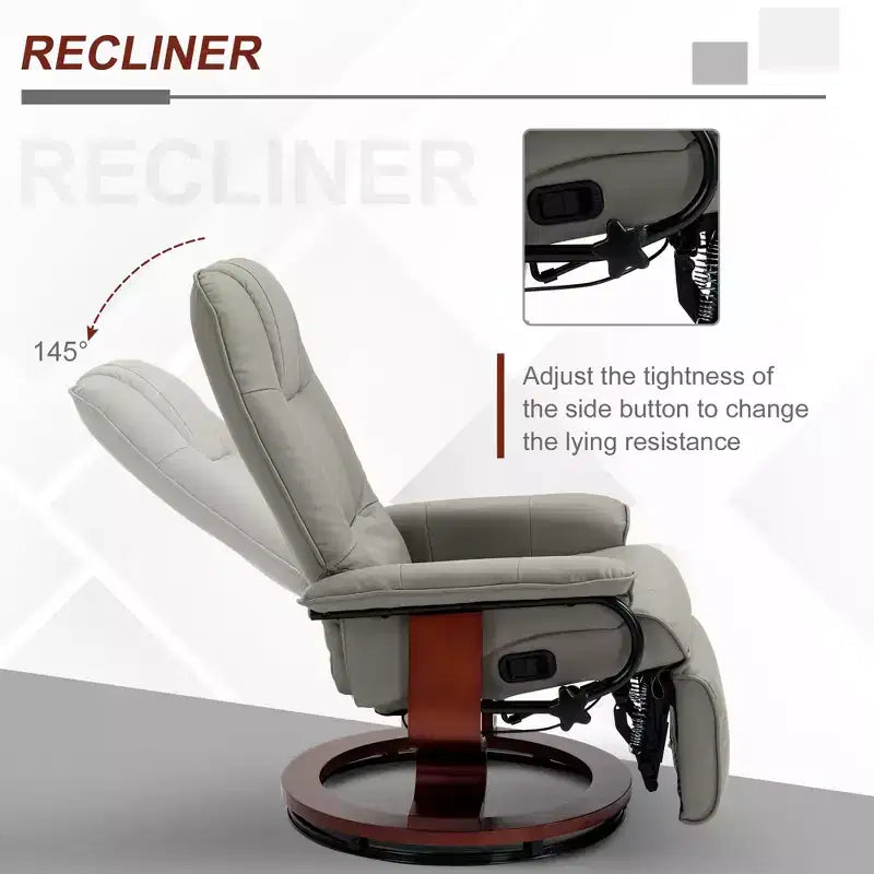 Fauteuil inclinable manuel en similicuir, fauteuil de salon pivotant et réglable avec repose-pieds, accoudoirs et base en bois enveloppée pour salon