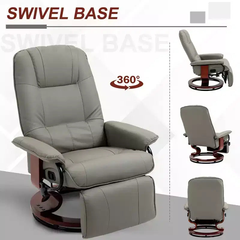 Fauteuil inclinable manuel en similicuir, fauteuil de salon pivotant et réglable avec repose-pieds, accoudoirs et base en bois enveloppée pour salon
