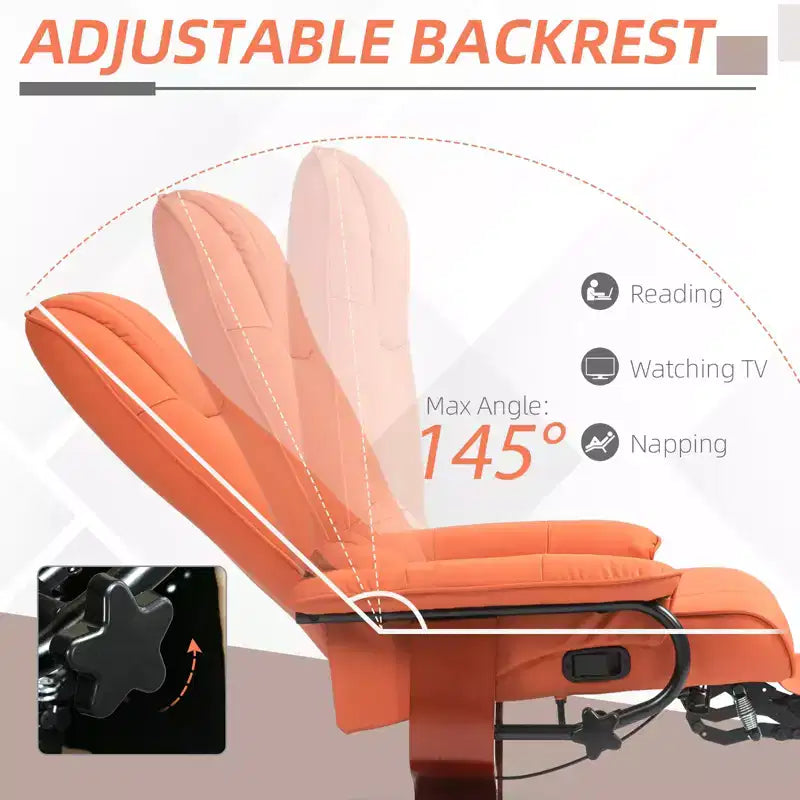Fauteuil inclinable manuel en similicuir, fauteuil de salon pivotant et réglable avec repose-pieds, accoudoirs et base en bois enveloppée pour salon
