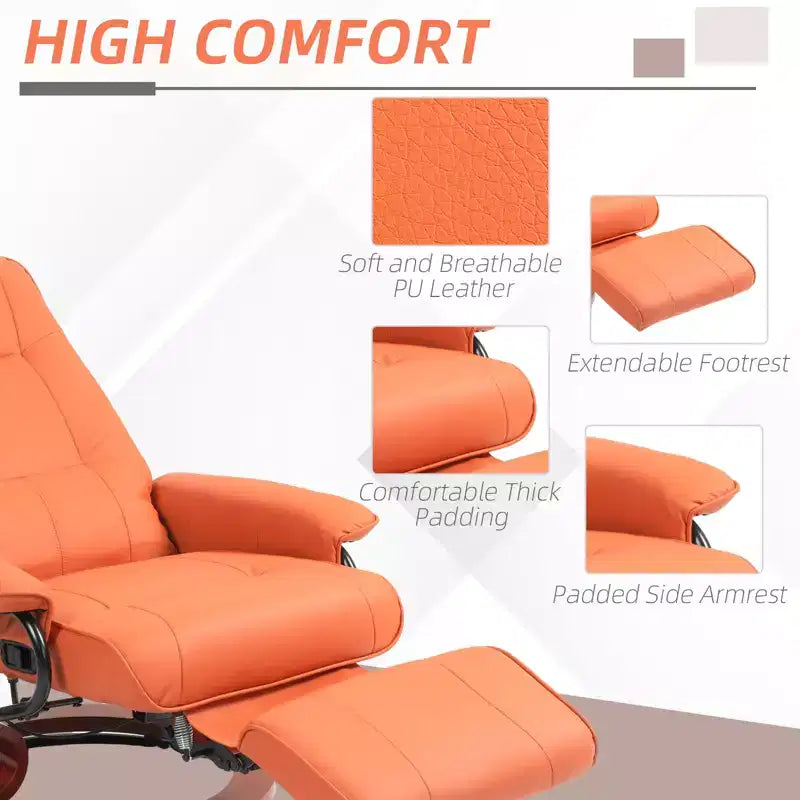 Fauteuil inclinable manuel en similicuir, fauteuil de salon pivotant et réglable avec repose-pieds, accoudoirs et base en bois enveloppée pour salon