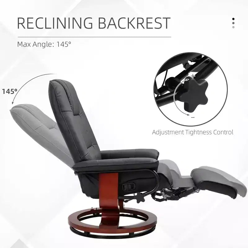 Fauteuil inclinable manuel en similicuir, fauteuil de salon pivotant et réglable avec repose-pieds, accoudoirs et base en bois enveloppée pour salon