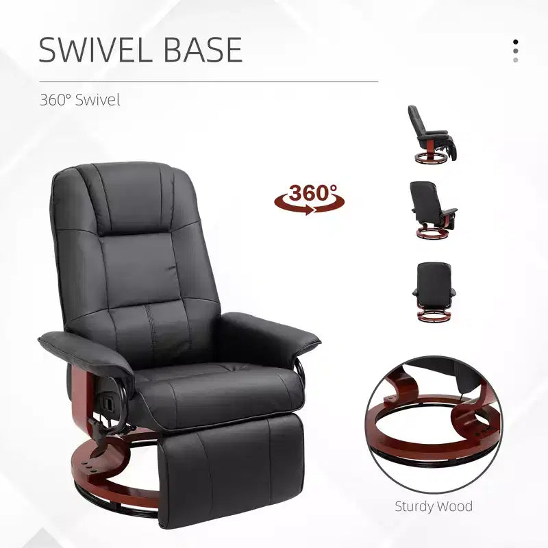 Fauteuil inclinable manuel en similicuir, fauteuil de salon pivotant et réglable avec repose-pieds, accoudoirs et base en bois enveloppée pour salon