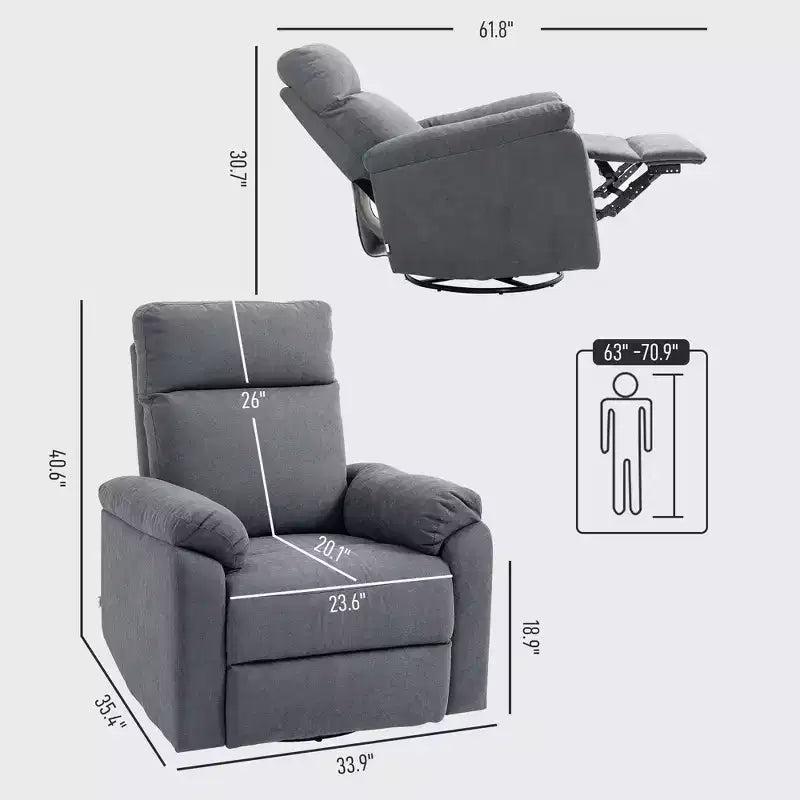 Fauteuil inclinable, fauteuil pivotant large, canapé une place surrembourré avec ressorts ensachés, repose-pieds, montage rapide