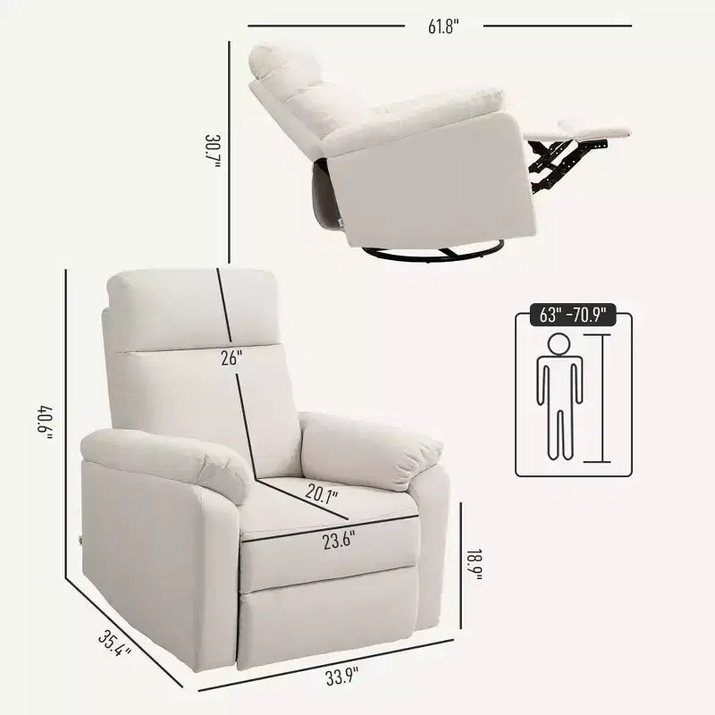 Fauteuil inclinable, fauteuil pivotant large, canapé une place surrembourré avec ressorts ensachés, repose-pieds, montage rapide