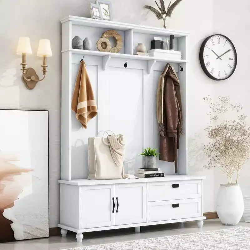 Porte-manteau moderne Okak avec armoire de rangement et 2 grands tiroirs, porte-manteau élargi avec 5 crochets, porte-manteau pour entrée, salon, blanc