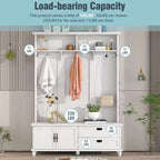 Porte-manteau moderne Okak avec armoire de rangement et 2 grands tiroirs, porte-manteau élargi avec 5 crochets, porte-manteau pour entrée, salon, blanc