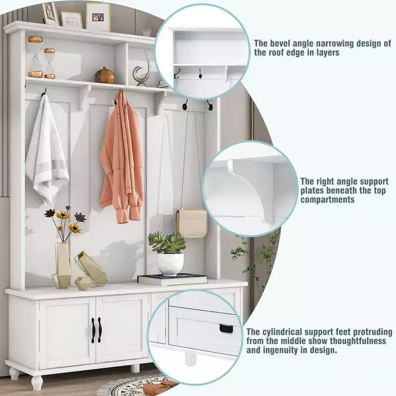 Porte-manteau moderne Okak avec armoire de rangement et 2 grands tiroirs, porte-manteau élargi avec 5 crochets, porte-manteau pour entrée, salon, blanc