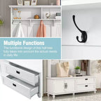 Porte-manteau moderne Okak avec armoire de rangement et 2 grands tiroirs, porte-manteau élargi avec 5 crochets, porte-manteau pour entrée, salon, blanc