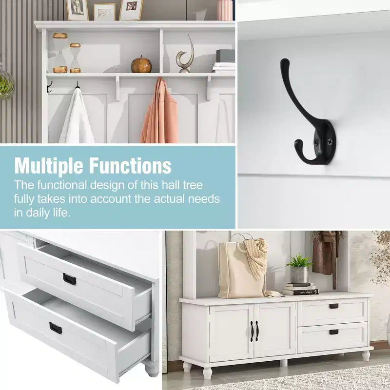 Porte-manteau moderne Okak avec armoire de rangement et 2 grands tiroirs, porte-manteau élargi avec 5 crochets, porte-manteau pour entrée, salon, blanc