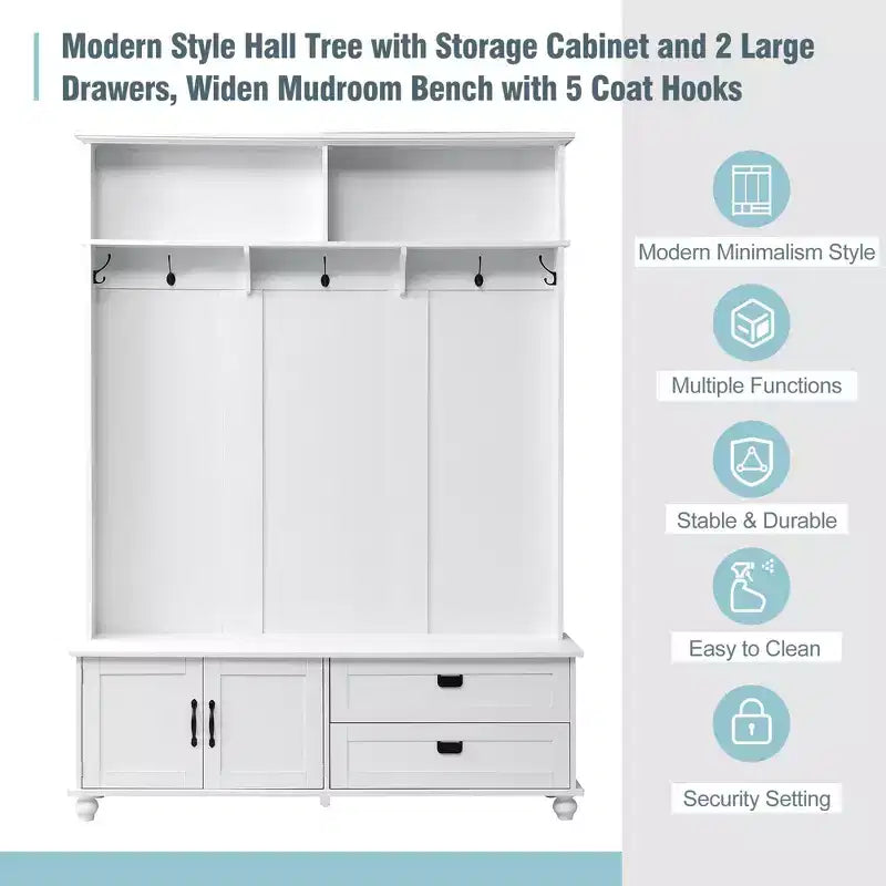 Porte-manteau moderne Okak avec armoire de rangement et 2 grands tiroirs, porte-manteau élargi avec 5 crochets, porte-manteau pour entrée, salon, blanc