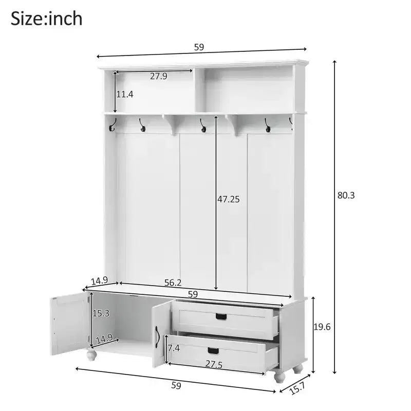 Porte-manteau moderne Okak avec armoire de rangement et 2 grands tiroirs, porte-manteau élargi avec 5 crochets, porte-manteau pour entrée, salon, blanc